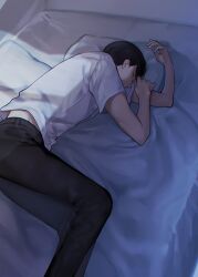 Rule 34 | 1boy, arms up, bed, belt, black belt, black hair, black pants, blanket, buttons, chinikuniku, closed eyes, covering own mouth, feet out of frame, fingernails, grey shirt, hands up, light, lying, male focus, on side, original, pants, pillow, shadow, shirt, short hair, short sleeves, sleeping, solo, wall