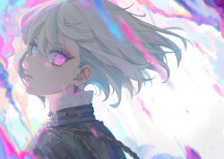 Rule 34 | 1boy, absurdres, adam&#039;s apple, aiguillette, androgynous, aqua eyes, aqua hair, blue eyes, blurry, eyelashes, floating hair, frilled shirt collar, frills, grey hair, heterochromia, highres, light particles, lio fotia, looking at viewer, looking back, multicolored hair, parted lips, pink hair, portrait, promare, purple eyes, short hair, solo, streaked hair, symbol-shaped pupils, tamaki (tamaki599), triangle, white background
