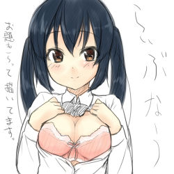 Rule 34 | 1girl, bad id, bad pixiv id, black hair, blush, bra, breasts, brown eyes, cleavage, highres, itou ayachi, k-on!, lingerie, long hair, looking at viewer, nakano azusa, open clothes, open shirt, shirt, sketch, smile, solo, translation request, twintails, underwear, upper body