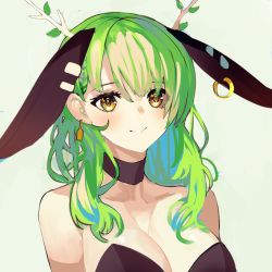 Rule 34 | 1girl, animal ears, antlers, black choker, black leotard, breasts, ceres fauna, choker, cleavage, earrings, fake animal ears, green background, green hair, headgear, heart, heart-shaped pupils, highres, hololive, hololive english, horns, jewelry, large breasts, leotard, long hair, looking at viewer, playboy bunny, rabbit ears, simple background, solo, strapless, strapless leotard, symbol-shaped pupils, tomatolover16, upper body, virtual youtuber, wavy hair, yellow eyes