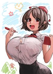 Rule 34 | 1girl, :d, breasts, brown hair, button gap, child&#039;s drawing, hands up, happy, hat, highres, holding, holding notebook, holding pen, huge breasts, light blush, notebook, open mouth, parted bangs, pen, pointy ears, pom pom (clothes), red eyes, shameimaru aya, short hair, short sleeves, smile, tokin hat, touhou, upper body, ushikousen, wing collar