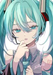 Rule 34 | 1girl, :o, absurdres, bare shoulders, black sleeves, blue eyes, blue hair, blue necktie, collared shirt, detached sleeves, fang, frilled shirt, frills, grey shirt, hair between eyes, hair intakes, hair ornament, hand to own mouth, hatsune miku, headset, highres, long hair, long sleeves, looking at viewer, microphone, naguno-0713, necktie, number tattoo, open mouth, raised eyebrows, shirt, sidelocks, simple background, skin fang, sleeveless, sleeveless shirt, solo, tattoo, twintails, upper body, very long hair, vocaloid, white background