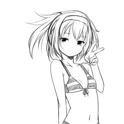Rule 34 | 1girl, bikini, flat chest, front-tie bikini top, front-tie top, greyscale, looking at viewer, monochrome, short hair, simple background, solo, swimsuit, v, white background, zaxwu