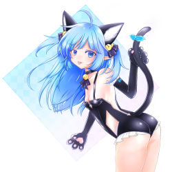 Rule 34 | 1girl, ahoge, alternate costume, animal ears, artist request, ass, bare shoulders, blue eyes, blue hair, blush, breasts, cat ears, cat tail, elbow gloves, gloves, highres, king&#039;s raid, leaning, leaning forward, leotard, lilia (king&#039;s raid), long hair, looking at viewer, pointy ears, shiny clothes, shiny skin, small breasts, smile, solo, tail, thighhighs, tongue, tongue out, very long hair