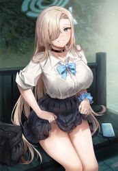 Rule 34 | 1girl, asuna (blue archive), bag, blue archive, blue eyes, blush, bow, breasts, choker, clothes lift, gijang, hair over one eye, highres, large breasts, long hair, long sleeves, looking at viewer, phone, pleated skirt, rain, school uniform, scrunchie, sitting, skirt, skirt lift, smile, solo, thighs, wet, wet clothes, wrist scrunchie