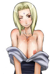 Rule 34 | 1girl, bare shoulders, blush, breasts squeezed together, breasts, brown eyes, clothes pull, enoshima iki, facial mark, forehead mark, huge breasts, jewelry, large breasts, naruto, naruto (series), nipples, one eye closed, pendant, shirt pull, solo, tsunade (naruto), wink