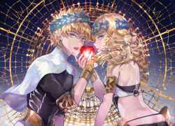 Rule 34 | 1boy, 1girl, apple, armlet, ass, back, black shirt, blonde hair, blue background, blue eyes, bracelet, breasts, bridal gauntlets, brother and sister, butt crack, castor (fate), diadem, fate/grand order, fate (series), food, fruit, gradient background, jewelry, looking at viewer, medium hair, open mouth, pollux (fate), robe, sagta panggang, shirt, short hair, siblings, small breasts, star (sky), twins, white robe