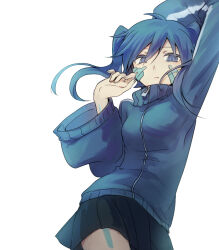 Rule 34 | 1girl, aaniko, arm up, black skirt, blue eyes, blue hair, blue jacket, closed mouth, collared jacket, colored eyelashes, commentary request, cowboy shot, ene (kagerou project), facial mark, frown, hair between eyes, headphones, jacket, kagerou project, long sleeves, looking at viewer, mekakucity actors, pleated skirt, popped collar, simple background, skirt, sleeves past wrists, solo, track jacket, twintails, white background, zipper