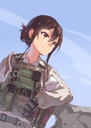 Rule 34 | 1girl, black gloves, body armor, brown hair, day, flak jacket, folded ponytail, gloves, gradient background, jacket, load bearing vest, looking to the side, magazine (weapon), military, nightmaremk2, original, parachute, paratrooper, short hair with long locks, sky, solo, upper body, walkie-talkie, watch, yellow eyes