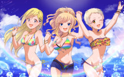 3girls :d ;d absurdres arms_up bikini black_hair blonde_hair blue_eyes blue_nails blue_sky cloud day ear_piercing earrings eyelashes fujimoto_rina grey_eyes highres idolmaster idolmaster_cinderella_girls jewelry long_hair multicolored_hair multiple_girls nail_polish navel necklace ohtsuki_yui one_eye_closed open_mouth orange_eyes outdoors piercing pink_nails pixie_cut ponytail rainbow ramai11 senzaki_ema short_hair sky smile swimsuit teeth two-tone_hair undercut upper_teeth_only very_short_hair wading water water_drop