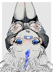 Rule 34 | 1girl, bandaid, bandaid on face, bandaid on nose, black shorts, blood, blood on face, blue blood, blue eyes, border, bound, bound wrists, commentary request, cuffs, fingernails, forehead, grey background, handcuffs, highres, injury, legs up, long hair, looking at viewer, lying, on back, open mouth, original, outside border, pale skin, shorts, simple background, solo, sweat, upside-down, urokogaran, white border, white hair