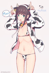 Rule 34 | 1girl, animal ears, animal print, bell, bikini, black hair, breasts, character name, commentary request, cow ears, cow horns, cow print, cowboy shot, fake animal ears, fake horns, fubuki (kancolle), green eyes, grey background, highres, hood, hooded jacket, hoodie, horns, index fingers raised, jacket, kantai collection, long hair, low ponytail, micro bikini, nakaaki masashi, open clothes, open jacket, ponytail, short ponytail, sidelocks, simple background, small breasts, solo, standing, swimsuit, white jacket