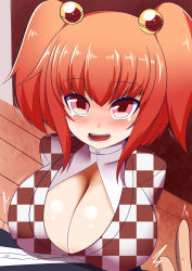 Rule 34 | 1girl, alternate breast size, bell, breasts, checkered clothes, checkered shirt, cleavage, cleavage cutout, clothing cutout, gero zoukin, hair bell, hair ornament, highres, huge breasts, jingle bell, motoori kosuzu, shirt, solo, touhou, two side up, wooden floor
