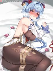 Rule 34 | 1girl, ahoge, ass, bare shoulders, bed, blue hair, blush, bodysuit, breasts, cameltoe, come hither, condom, detached sleeves, dolechan, ganyu (genshin impact), genshin impact, horns, large breasts, long hair, looking at viewer, lying, on side, pantyhose, pelvic curtain, red eyes, shiny clothes, shiny skin, sideboob, solo, very long hair, waist cape