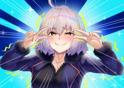Rule 34 | 1girl, ahoge, amane sora, black dress, blue background, blue coat, blush, breasts, cleavage, coat, double v, dress, emotional engine - full drive, fate/grand order, fate (series), fur-trimmed coat, fur trim, grin, hair between eyes, hands up, jeanne d&#039;arc (fate), jeanne d&#039;arc alter (fate), jeanne d&#039;arc alter (ver. shinjuku 1999) (fate), jewelry, large breasts, long sleeves, looking at viewer, necklace, official alternate costume, parody, short hair, silver hair, smile, solo, sparkle, trembling, v, wicked dragon witch ver. shinjuku 1999, yellow eyes