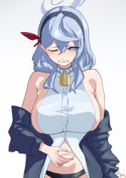 1girl absurdres ako_(blue_archive) bare_shoulders bell belly_grab black_panties blue_archive blue_eyes blue_hair blue_hairband blue_halo blush breasts commentary_request good_meat_day grimace hair_between_eyes hair_ornament hairband halo hand_on_own_stomach highres katagirinanoka large_breasts long_sleeves looking_down medium_hair off_shoulder one_eye_closed panties partial_commentary plump sideboob simple_background solo stomach sweat underwear weight_conscious white_background