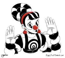 Rule 34 | 1girl, alternate color, arms (game), black hair, black lips, clown nose, earrings, hairband, jewelry, letitmelo, lola pop, mime, multicolored hair, nintendo, smile, solo, suspenders, two-tone hair, upper body, white background, white hair