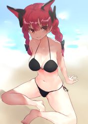 Rule 34 | 1girl, animal ears, arm support, asuzemu, bare arms, bare legs, bare shoulders, barefoot, beach, bikini, black bikini, black bow, bow, braid, breasts, cat ears, cleavage, commentary request, groin, hair between eyes, hair bow, halterneck, highres, indian style, kaenbyou rin, long hair, looking at viewer, medium breasts, navel, ocean, red eyes, red hair, side-tie bikini bottom, sitting, smile, solo, stomach, strap gap, swimsuit, thighs, touhou, twin braids, twintails