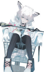 Rule 34 | 1girl, absurdres, animal ears, arknights, ay4 la, black pantyhose, collar, fang, gloves, grey eyes, highres, jacket, looking at viewer, medium hair, open clothes, pantyhose, shoes, shopping cart, sitting, skin fang, sneakers, solo, staff, sussurro (arknights), white gloves, white hair