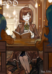 Rule 34 | 2girls, 2others, ahoge, blue hair, book, bow, bowtie, brown coat, brown hair, chair, coat, collared shirt, dual persona, frilled sleeves, frills, green bow, green bowtie, hair ornament, hairclip, highres, hod (project moon), librarian (project moon), library of ruina, lobotomy corporation, long sleeves, lying, multiple girls, multiple others, nishikujic, on back, project moon, shirt, table, white shirt