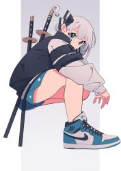 Rule 34 | 1girl, air jordan, air jordan 1, bad id, bad twitter id, black footwear, black ribbon, casual, closed mouth, colored shoe soles, commentary, contemporary, cross-laced footwear, full body, green eyes, green footwear, green skirt, grey hair, grey jacket, hair ribbon, highres, invisible chair, jacket, katana, konpaku youmu, long sleeves, looking at viewer, medium hair, miniskirt, multicolored footwear, nike (company), product placement, ribbon, sheath, sheathed, shoes, sitting, skirt, sneakers, solo, streetwear, sword, touhou, tsumaseu, weapon, weapon on back, white footwear, white jacket