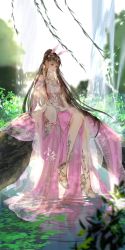 Rule 34 | 1girl, absurdres, animal ears, backlighting, blurry, blurry background, brown hair, douluo dalu, dress, highres, long dress, pink dress, ponytail, rabbit ears, ripples, sitting on log, water, xiao wu (douluo dalu)