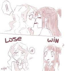Rule 34 | 2girls, blush, couple, diana cavendish, embarrassed, eye contact, food, highres, imminent kiss, kagari atsuko, little witch academia, looking at another, monochrome, multiple girls, pocky, simple background, wavy hair, white background, yuri