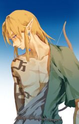 Rule 34 | 1boy, absurdres, archaic set (zelda), arm tattoo, blonde hair, blue background, blush, bow (weapon), closed mouth, collarbone, cowboy shot, earrings, highres, jewelry, link, looking at viewer, male focus, medium hair, nintendo, pointy ears, psp26958748, scar, scar on chest, sideways glance, single bare shoulder, single sleeve, solo, tattoo, the legend of zelda, the legend of zelda: tears of the kingdom, upper body, weapon, white background