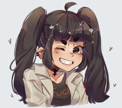 Rule 34 | 1girl, ahoge, black choker, black hair, borrowed character, breasts, brown eyes, choker, commentary, ear piercing, grin, heart, highres, kiki nene, medium breasts, one eye closed, original, piercing, portrait, raised eyebrow, sidelocks, signature, smile, solo, star (symbol), symbol-only commentary, thick eyebrows, twintails