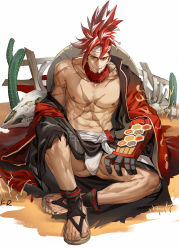 Rule 34 | 1boy, abs, absurdres, alchemy stars, animal skull, anjingkuxiao, bone, cactus, day, desert, facial hair, fundoshi, goatee, hair ornament, hair stick, headband, highres, japanese clothes, kimono, knees apart feet together, layered clothes, layered kimono, long hair, looking at viewer, male focus, male underwear, mask, mask around neck, mechanical arms, mouth mask, multicolored hair, muscular, muscular male, on ground, outdoors, pubic hair, pubic hair peek, red hair, sandals, scar, scar on chest, scar on face, signature, single mechanical arm, sinsa (alchemy stars), sitting, solo, spiked hair, testicle peek, underwear, white hair, yellow eyes, zouri