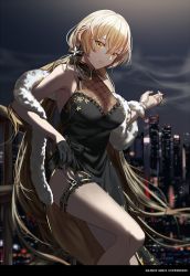Rule 34 | 1girl, armpits, bare shoulders, black dress, black gloves, blonde hair, bow, breasts, bridal garter, choker, cigarette, cityscape, closed mouth, dress, feather boa, girls&#039; frontline, gloves, hair bow, hair ornament, hair ribbon, highres, holding, holding cigarette, leaning, long hair, looking at viewer, night, official alternate costume, ots-14 (girls&#039; frontline), ots-14 (sangria succulent) (girls&#039; frontline), outdoors, ribbon, silence girl, single glove, sleeveless, sleeveless dress, smoking, solo, thighs, very long hair, yellow eyes
