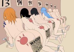 Rule 34 | 6+girls, absurdres, all fours, artist request, ass, ass tattoo, bdsm, black hair, blue hair, boa hancock, bondage, bound, breasts, chain, earrings, female focus, flat color, highres, jewelry, large breasts, lineup, long hair, multiple girls, nami (one piece), nefertari vivi, nico robin, nude, one piece, orange hair, restrained, slave, source request, tattoo