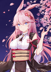 Rule 34 | 1girl, absurdres, animal ears, bantian yindang, blue eyes, branch, breasts, brown kimono, center frills, commentary request, flower, fox ears, frills, hair between eyes, hair flower, hair ornament, hair ribbon, hand up, highres, honkai (series), honkai impact 3rd, japanese clothes, kimono, large breasts, long hair, long sleeves, looking at viewer, obi, parted lips, petals, pink flower, pink hair, red flower, red ribbon, ribbon, sash, shirt, solo, very long hair, white shirt, wide sleeves, yae sakura