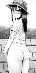 Rule 34 | 1girl, ass, black hair, blush, bottomless, bucket hat, closed mouth, cowboy shot, crop top, embarrassed, exhibitionism, grass, greyscale, hat, highres, kurozu (crozu), light smile, long hair, looking at viewer, looking back, monochrome, original, outdoors, public indecency, shirt, short sleeves, smile, solo, thighs