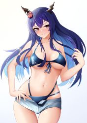 Rule 34 | 1girl, absurdres, arknights, bare arms, bare shoulders, bikini, black bikini, blue hair, breasts, ch&#039;en (arknights), ch&#039;en the holungday (arknights), ch&#039;en the holungday (elite ii) (arknights), commentary, cowboy shot, dragon horns, flower, front-tie bikini top, front-tie top, grey shorts, hair flower, hair ornament, highres, horns, large breasts, long hair, looking at viewer, micro shorts, navel, open fly, pink flower, red eyes, shorts, simple background, smile, solo, standing, stomach, swimsuit, thighs, very long hair, white background, yan kodiac