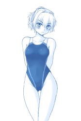 Rule 34 | 1girl, arms behind back, bare shoulders, blue theme, blush, breasts, collarbone, competition swimsuit, frown, hip focus, isaki (gomi), legs, long hair, mizuhashi parsee, monochrome, one-piece swimsuit, pointy ears, ponytail, short hair, solo, swimsuit, thigh gap, touhou