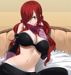 Rule 34 | 1girl, artist name, bare shoulders, black bra, black pants, blush, bra, breasts, brown eyes, cleavage, closed mouth, detached sleeves, erza scarlet, facing viewer, fairy tail, gaston18, gloves, hair ornament, hair over one eye, hair tie, hand up, happy, highres, large breasts, long hair, long sleeves, looking at viewer, midriff, navel, one eye covered, pants, purple gloves, purple scarf, reclining, red hair, scarf, sitting, smile, solo, twintails, underwear