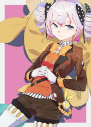 Rule 34 | 1girl, bronya zaychik, bronya zaychik (wolf&#039;s dawn), brown jacket, closed mouth, drill hair, gloves, grey eyes, grey hair, holding hands, highres, homu (honkai impact), honkai (series), honkai impact 3rd, jacket, looking at viewer, lying, pillow, pink background, shadow, simple background, solo, twin drills, white gloves, yoni (zhang)