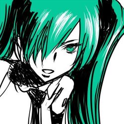 Rule 34 | 1girl, eyelashes, green eyes, green hair, hair over one eye, hatsune miku, long hair, lowres, matching hair/eyes, necktie, nonjake, portrait, sketch, solo, tattoo, twintails, vocaloid