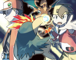 Rule 34 | 2boys, backwards hat, badge, baseball cap, black hair, blue eyes, charizard, closed mouth, commentary request, creatures (company), donnpati, ethan (pokemon), fire, flame-tipped tail, game freak, gen 1 pokemon, gen 2 pokemon, hat, jacket, multiple boys, nintendo, open mouth, pokemon, pokemon (creature), pokemon gsc, pokemon move, red (pokemon), red jacket, short hair, short sleeves, spread fingers, teeth, tongue, typhlosion