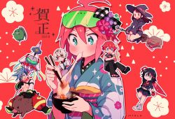 Rule 34 | 3boys, 3girls, agata katsuhira, ahoge, blue hair, bow, bowl, broom, broom riding, brown hair, chibi, chinese zodiac, chopsticks, creator connection, crossover, eating, explosive, eyewear on head, food, frag, galo thymos, gloves, grenade, gridman universe, hair bow, hibiki yuuta, highres, japanese clothes, kagari atsuko, ki on, kill la kill, kimono, kiznaiver, little witch academia, luna nova school uniform, matoi ryuuko, mochi, multiple boys, multiple crossover, multiple girls, nengajou, new year, outline, polearm, promare, red background, red gloves, red hair, riding, school uniform, scissor blade (kill la kill), shoes, safety glasses, short hair, simple background, sneakers, spiked hair, ssss.gridman, sweater vest, trigger-chan, trigger (company), weapon, white outline, year of the pig, zouni soup