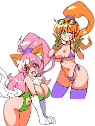 Rule 34 | 2girls, :d, absurdres, animal ears, animal hands, big hair, breasts, brown hair, cat ears, cat tail, cleavage, cleavage cutout, clothing cutout, double v, eyewear on head, gloves, green eyes, green leotard, highres, large breasts, leotard, long hair, looking at viewer, multiple girls, navel, one eye closed, open mouth, perisie (star ocean), pink hair, ponytail, precis neumann, purple thighhighs, red eyes, ryoi, simple background, smile, star ocean, star ocean first departure, star ocean the second story, tail, thighhighs, v, white background, wide ponytail