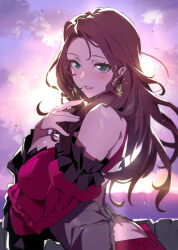 Rule 34 | 1girl, absurdres, blush, bow, breast press, breasts, brown hair, crying, dorothea arnault, dress, earrings, fire emblem, fire emblem: three houses, frilled dress, frilled sleeves, frills, green eyes, happy, happy tears, highres, jewelry, large breasts, long hair, long sleeves, looking at viewer, nintendo, open mouth, scene reference, senri gan, smile, solo, tears