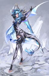 Rule 34 | 1girl, armor, black gloves, blue cape, blue hair, cape, corrin (female) (fire emblem), corrin (female) (fire emblem) (cosplay), corrin (fire emblem), cosplay, dragon tail, dragon wings, dragonstone, eula (genshin impact), fire emblem, genshin impact, gloves, highres, holding, holding sword, holding weapon, imdrunkontea, long hair, looking at viewer, nintendo, solo, sword, tail, thighhighs, toeless legwear, weapon, wings, yellow eyes