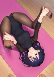 Rule 34 | 1boy, 1girl, absurdres, beeeeen, black leotard, black pantyhose, blue eyes, blue hair, breasts, commentary request, commission, feet, from above, hair behind ear, hands on feet, highres, indoors, large breasts, legs up, leotard, long hair, looking at viewer, miru tights, mole, mole under eye, nakabeni yua, pantyhose, pixiv commission, pussy juice stain, smile, solo focus, yoga mat