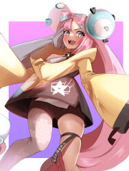 Rule 34 | 1girl, :d, bike shorts, blush, bow-shaped hair, character hair ornament, commentary request, creatures (company), eyelashes, game freak, green hair, grey pantyhose, hair ornament, highres, iono (pokemon), jacket, long hair, long sleeves, looking down, momdy (talesshinja), nintendo, open mouth, pantyhose, pink hair, pokemon, pokemon sv, sharp teeth, single leg pantyhose, smile, solo, star (symbol), star print, teeth, thigh strap, tongue, twintails, yellow jacket