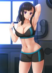 Rule 34 | 1girl, arm behind head, arm up, armpits, backlighting, bare arms, bare shoulders, black hair, black shorts, blurry, blurry background, blush, breasts, cleavage, closed mouth, collarbone, commentary, cowboy shot, crop top, depth of field, en&#039;en no shouboutai, hand up, highres, indoors, kazenokaze, large breasts, long hair, looking at viewer, maki oze, midriff, muscular, muscular female, navel, ponytail, pulling own clothes, purple eyes, revision, short shorts, shorts, sidelocks, smile, solo, sports bra, standing, stomach, strap pull, thighs, window