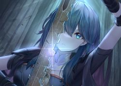 Rule 34 | 1girl, absurdres, arm up, armor, black armor, blue eyes, blue hair, byleth (female) (fire emblem), byleth (fire emblem), closed mouth, commentary request, expressionless, fire emblem, fire emblem: three houses, hair between eyes, highres, holding, holding sword, holding weapon, long hair, nintendo, one eye covered, shoulder armor, solar torch, solo, sword, sword of the creator, weapon