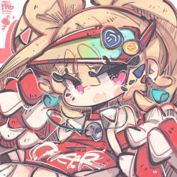 Rule 34 | 1girl, blonde hair, blush stickers, breasts, chibi, clay (nikke), crop top, goddess of victory: nikke, hair intakes, hair ornament, hairclip, jrpencil, large breasts, long hair, open mouth, pink eyes, red shirt, shirt, solo, twintails, two-tone shirt, visor cap, whistle, whistle around neck, white shirt