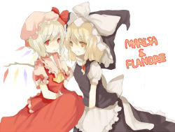 Rule 34 | 2girls, apron, ascot, blonde hair, braid, character name, crystal, dress, female focus, flandre scarlet, hat, kirisame marisa, mob cap, multiple girls, puffy short sleeves, puffy sleeves, red dress, red eyes, short sleeves, simple background, single braid, tetsuo (tashirosu), touhou, waist apron, white background, wings, witch hat